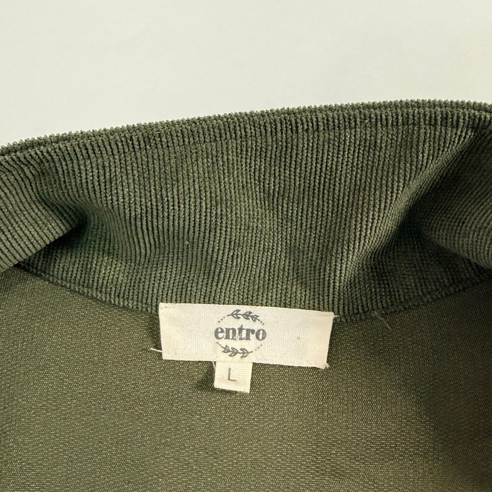 Entro Olive Military Green Ruffle Corduroy Mini Shirt Dress L Pocket Detail - Picture 3 of 7